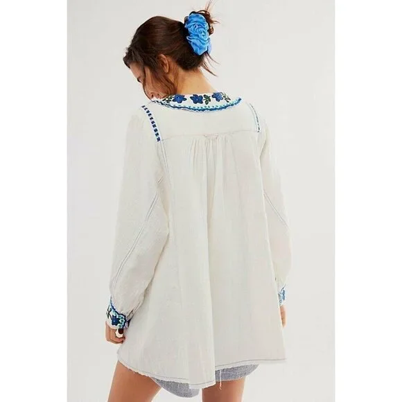 NEW FREE PEOPLE MORE TO COME EMBROIDERED LONG SLEEVE IVORY MINI DRESS LARGE